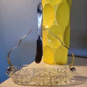 Vtg 60's Press-cut Glass Butter Server w/Stainless Spreader (Not original)